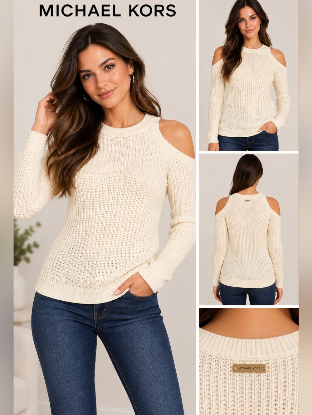 Michael Kors Cold Shoulder Cutouts Wool Blend Sweater with Knitted Texture